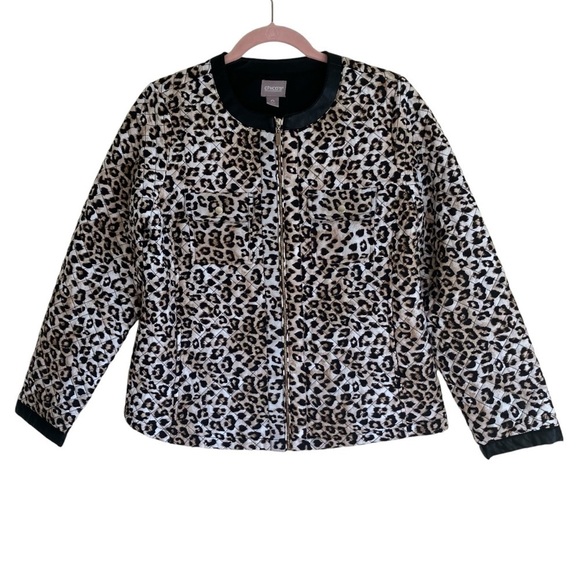 Chico’s Leopard Print Jacket Quilted Fall Jacket Lightweight Zip Up Sz 0 /Small - Picture 1 of 16